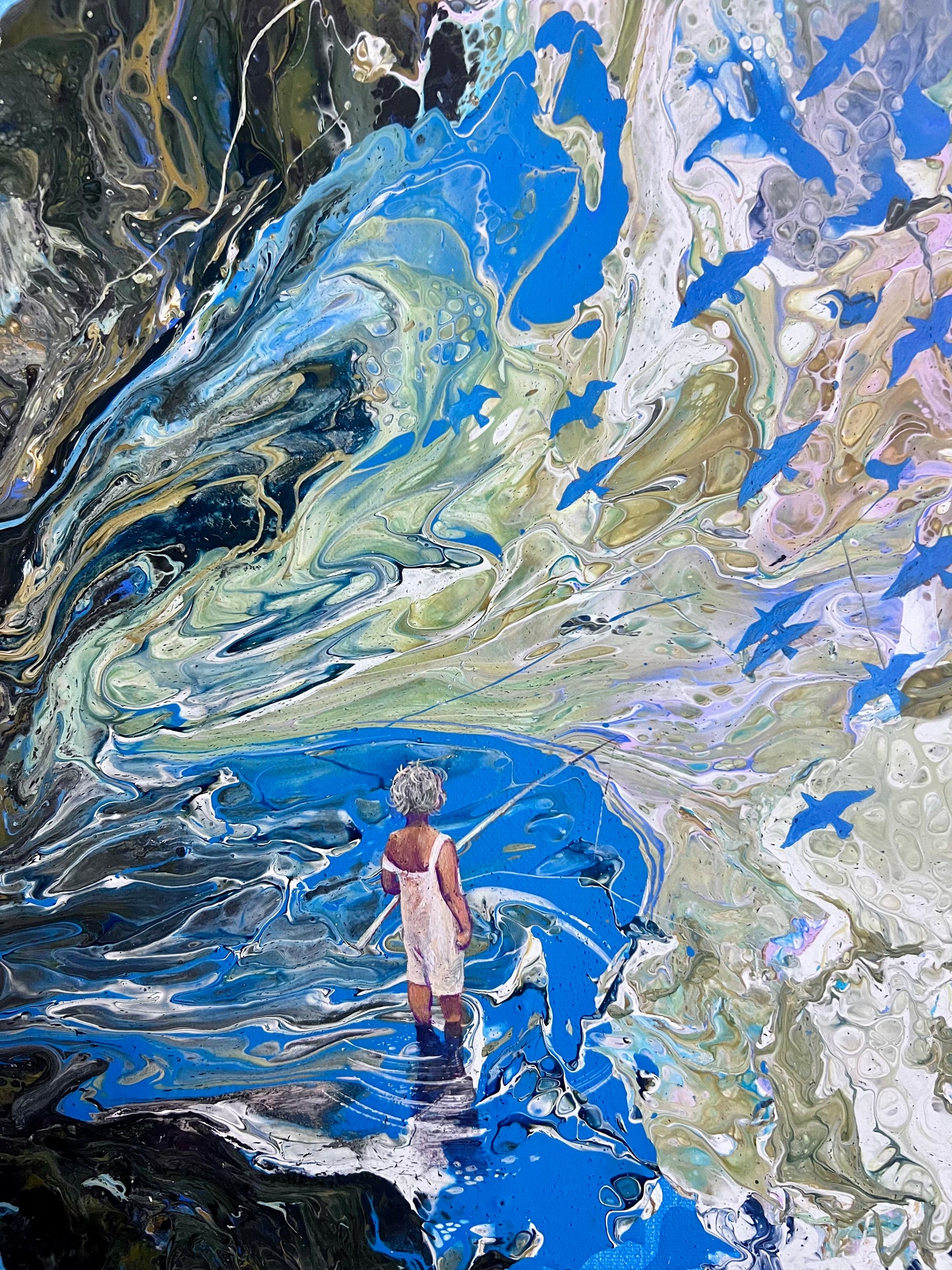 Paintpouring, acrylic, original painting, childhood, nostalgia, fishing, lake, birds, sky