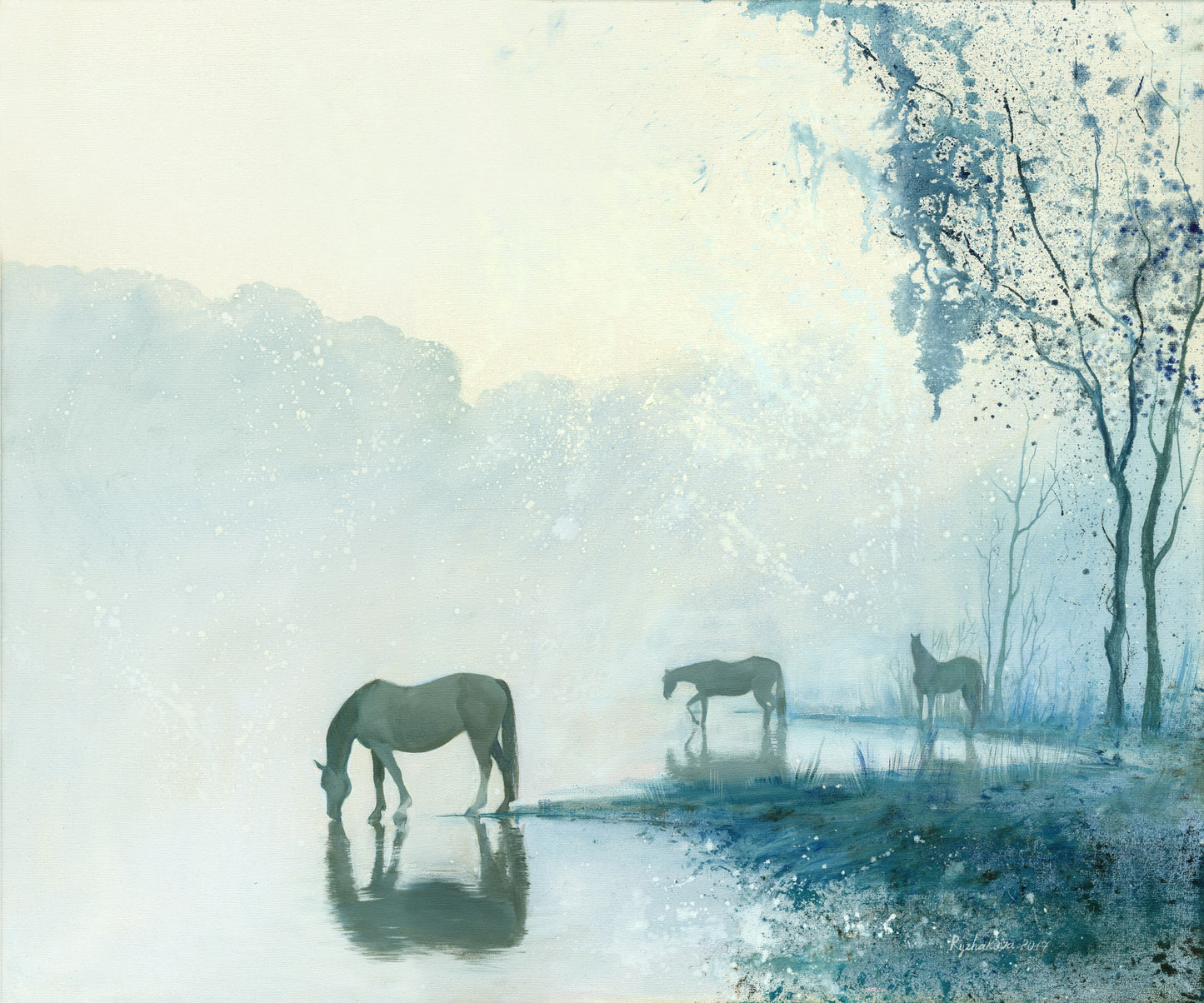 Archival Giclée Print 'Morning in Blue' signed and numbered by Nadia Ryzhakova, limited edition of 80, with certificate of authenticity.  Image size: 8x9.5 inches   The early lights of the raising sun are defusing in the misty air. Three horses have just approached the lake not disturbing the harmony of nature. The style and this specific colour set, which I chose for the picture is rather minimalistic. This painting is like Japanese haiku - very few words, but very deep meaning.